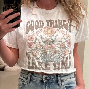 Social Culture Good Things Take Time Crop Graphic Tee Floral Mushroom Boho M